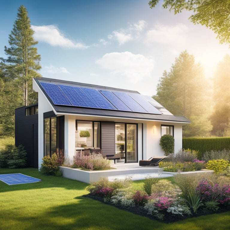 A modern home with solar panels on the roof, surrounded by lush greenery. Show a sleek, compact battery storage unit in the backyard, sunlight glinting off the panels and vibrant flowers in the foreground.