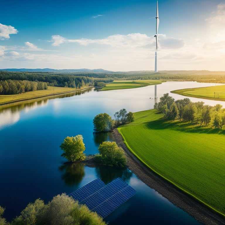 A vibrant landscape featuring expansive solar farms glistening under a bright blue sky, surrounded by lush greenery, wind turbines in the distance, and a serene river, embodying the harmony of nature and renewable energy.