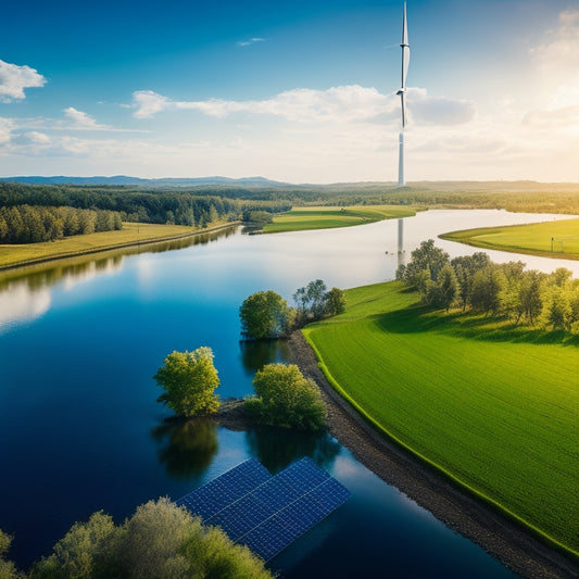 A vibrant landscape featuring expansive solar farms glistening under a bright blue sky, surrounded by lush greenery, wind turbines in the distance, and a serene river, embodying the harmony of nature and renewable energy.