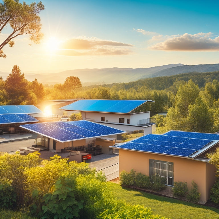 A sun-drenched landscape featuring a modern solar power system with sleek solar panels on rooftops, surrounded by lush greenery and a clear blue sky, showcasing energy independence in a harmonious environment.