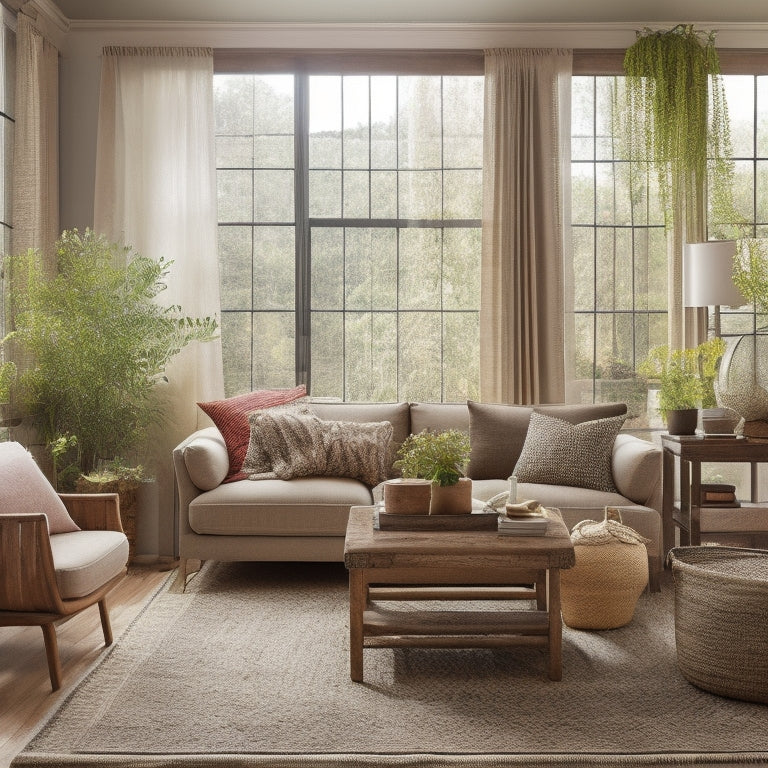A serene living room featuring reclaimed wood furniture, lush indoor plants, natural fiber rugs, large windows with sheer curtains, and earthy color palettes, creating a harmonious, eco-friendly atmosphere.
