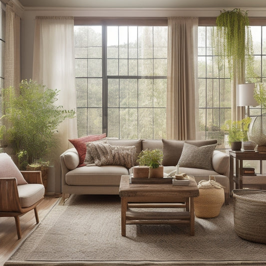A serene living room featuring reclaimed wood furniture, lush indoor plants, natural fiber rugs, large windows with sheer curtains, and earthy color palettes, creating a harmonious, eco-friendly atmosphere.