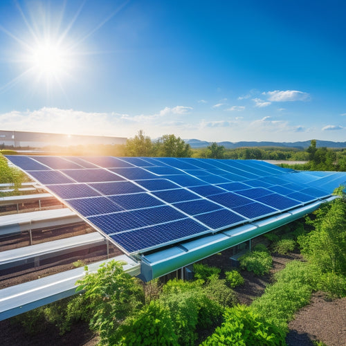 A modern business rooftop adorned with sleek solar panels, surrounded by greenery, sunlight glinting off the panels, energy-efficient machinery in the foreground, and a clear blue sky above, symbolizing sustainability and innovation.