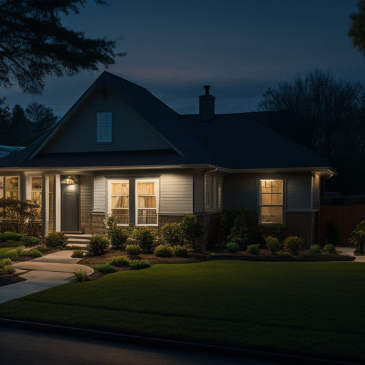 A warm and inviting suburban home at dusk, illuminated by a series of sleek, modern solar-powered security lights mounted on walls, fences, and pathways, casting a soft, protective glow.