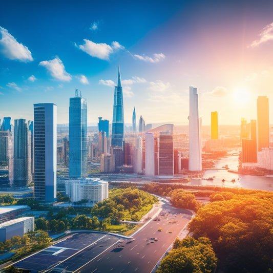 A vibrant urban skyline featuring solar panels on rooftops, wind turbines integrated into skyscrapers, lush vertical gardens, and electric vehicles charging at a green park, all under a bright blue sky with fluffy white clouds.