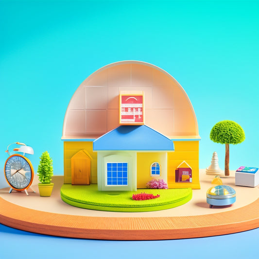 A sunny background with a large, white solar panel at its center, surrounded by 10 smaller, colorful icons representing different ROI calculation factors, such as a miniature house, a clock, and a dollar sign.