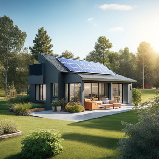 A modern home with solar panels on the roof, a small wind turbine in the yard, lush greenery surrounding energy-efficient appliances, and a rainwater harvesting system, all basking in bright sunlight.