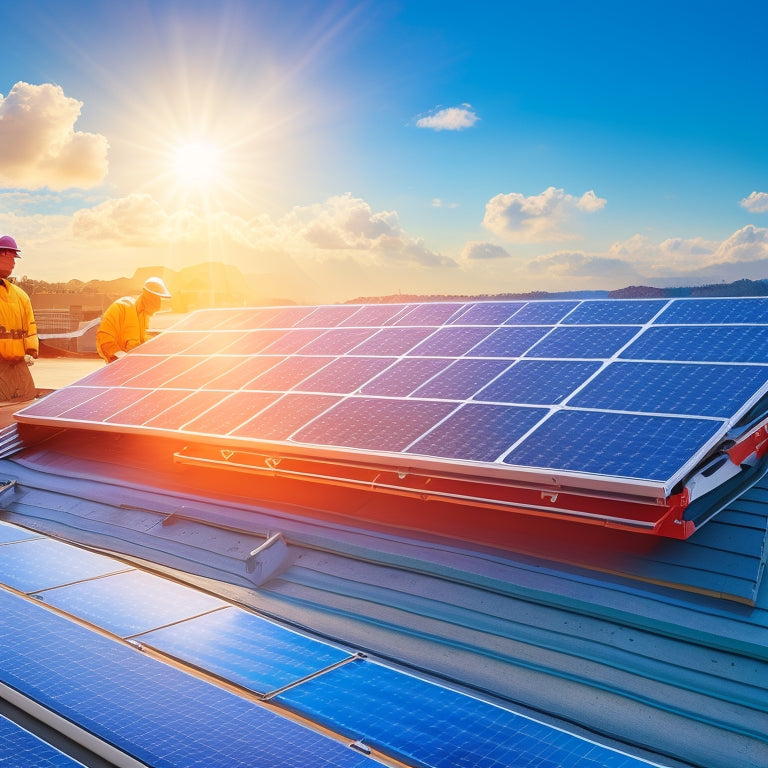 An illustration of a rooftop with solar panels, a contractor in the background measuring the roof, a toolbox and solar panel components scattered around, set against a sunny blue sky with fluffy white clouds.