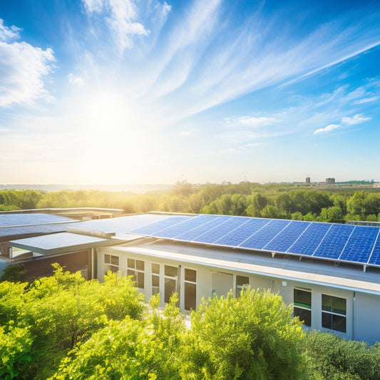 A serene, sunny rooftop with neatly arranged solar panels, a small business building in the background, surrounded by lush greenery and a bright blue sky with a few wispy clouds.