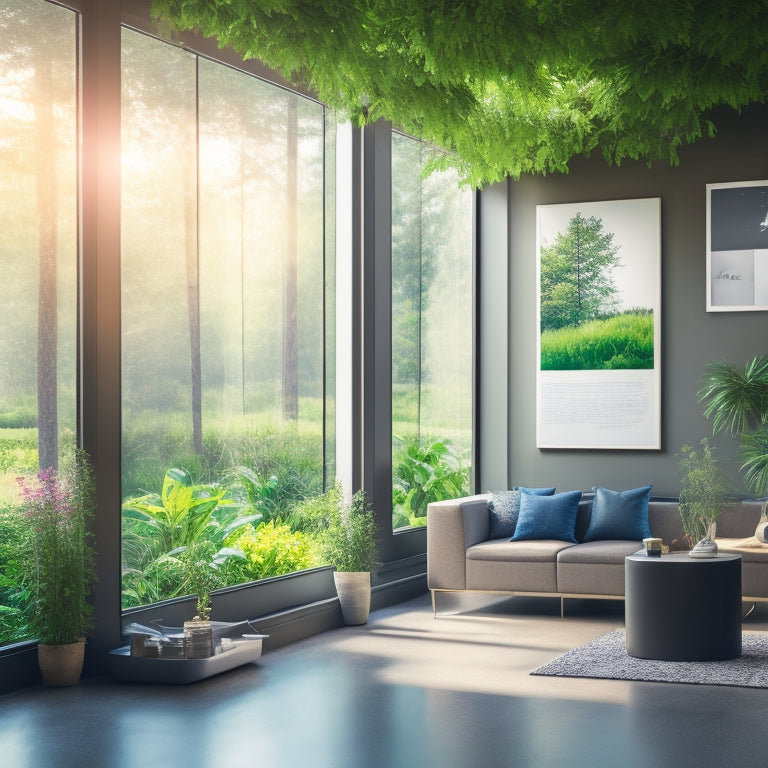 A sleek, modern HVAC unit surrounded by lush greenery, solar panels glinting in sunlight, digital controls displaying energy metrics, and a cozy living space with large windows showcasing natural light and comfort.