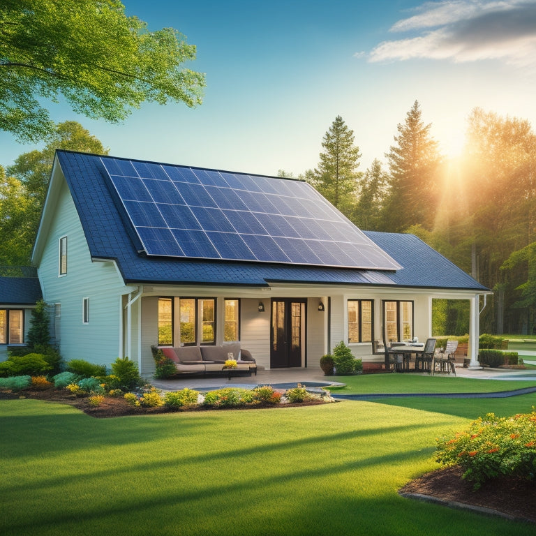 A serene suburban home with a lush green lawn, surrounded by tall trees, featuring a sleek, modern solar panel system installed on the roof, with a few panels angled to capture sunlight.