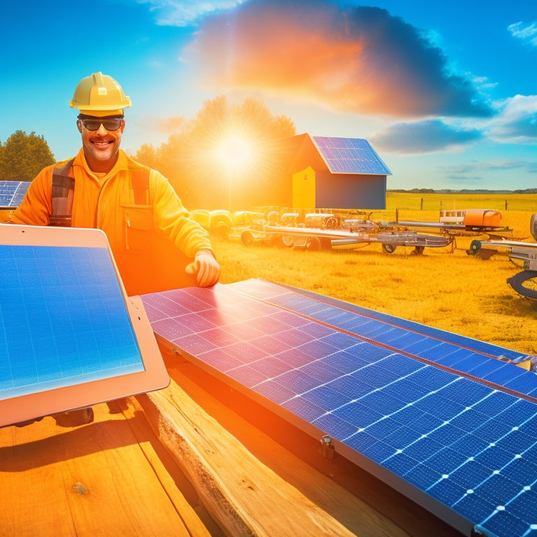 An illustration of a person holding a tablet with a solar panel system displayed on the screen, surrounded by icons of maintenance tools and a sun shining in the background.