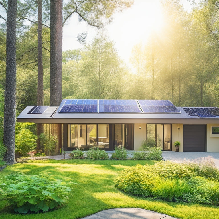 A serene green home with sleek solar panels on the roof, surrounded by lush gardens, sunlight filtering through trees, and a clear blue sky, showcasing efficient installation techniques and eco-friendly living.