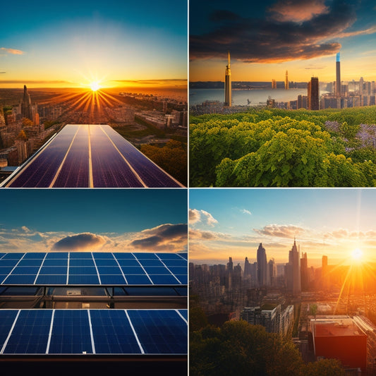 A split-screen image featuring a comparison of four distinct solar panels with varying designs, materials, and efficiencies, set against a contrasting background of cityscapes and natural landscapes.