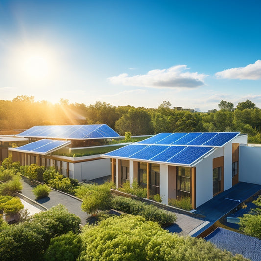 A serene residential rooftop with multiple solar panel arrays in varying sizes, angles, and colors, surrounded by lush greenery, with a bright blue sky and fluffy white clouds in the background.