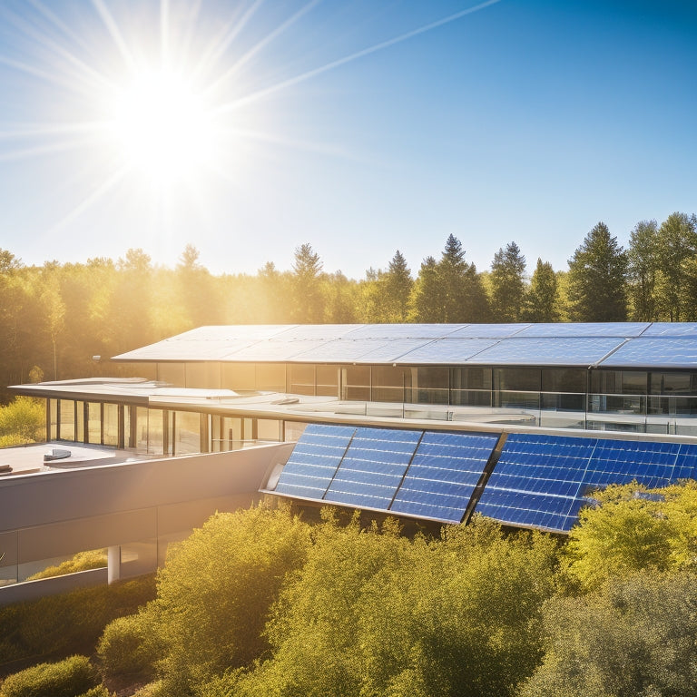 A modern commercial building with sleek solar panels on the roof, surrounded by greenery, sunlight reflecting off the panels, workers discussing energy efficiency, and a clear blue sky overhead, showcasing a sustainable future.