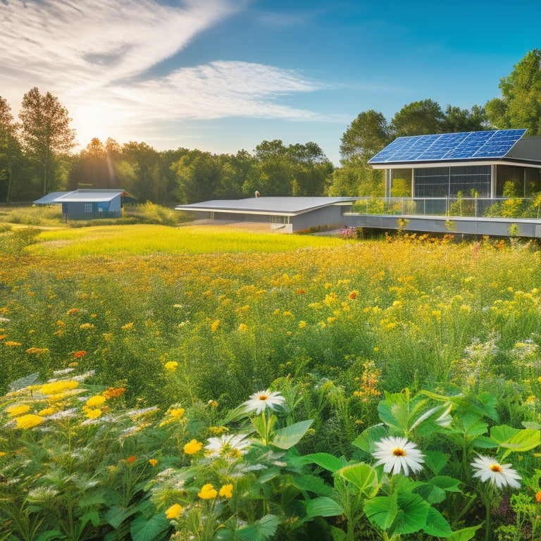 A vibrant solar panel installation on a modern, eco-friendly building surrounded by lush greenery, with bees buzzing around colorful wildflowers and a clear blue sky, symbolizing sustainable business practices.