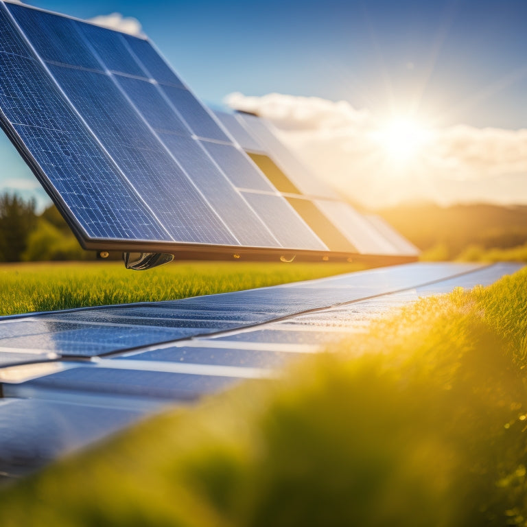 An intricate close-up of solar panels glistening under the sun, surrounded by a serene landscape. Include a magnifying glass focusing on warranty documents, highlighting fine print, with a soft-focus background of a blue sky and fluffy clouds.