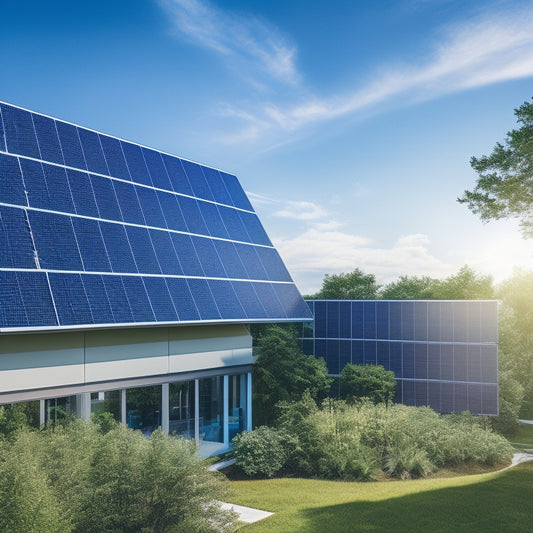 A modern commercial building showcasing solar panels on the roof, vertical gardens on the facade, and wind turbines nearby, all set against a clear blue sky and surrounded by lush greenery.