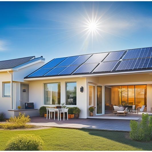 A bright, modern home with solar panels on the roof, a laptop displaying an online shopping cart with solar panel options, and a vibrant sun in the background, symbolizing clean energy and online convenience.