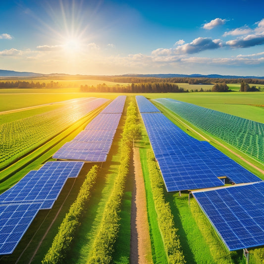A vibrant landscape featuring a solar farm with gleaming panels under a bright sun, surrounded by lush green fields and a serene blue sky, symbolizing sustainability and energy independence.