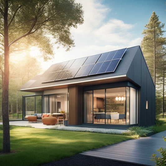 A sleek, modern home with solar panels on the roof, integrated smart devices like a thermostat and lights, surrounded by lush greenery and bright sunlight, showcasing seamless energy management and eco-friendly living.