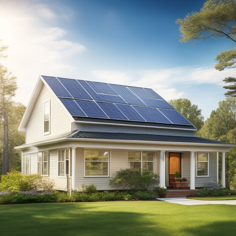 A serene suburban home with sleek solar panels installed on the roof, surrounded by lush greenery, a bright blue sky with a few white clouds, and a subtle sunburst in the corner.