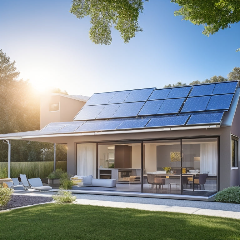 A modern suburban home with sleek solar panels on the roof, sunlight reflecting off them, surrounded by lush greenery and a clear blue sky. In the background, a laptop on a table showing a graph of cost savings.