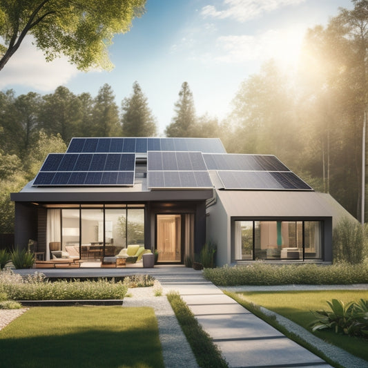 A modern home with sleek solar panels on the roof, surrounded by lush greenery, sunlight glinting off the panels, a "For Sale" sign in the yard, showcasing an inviting and eco-friendly atmosphere.