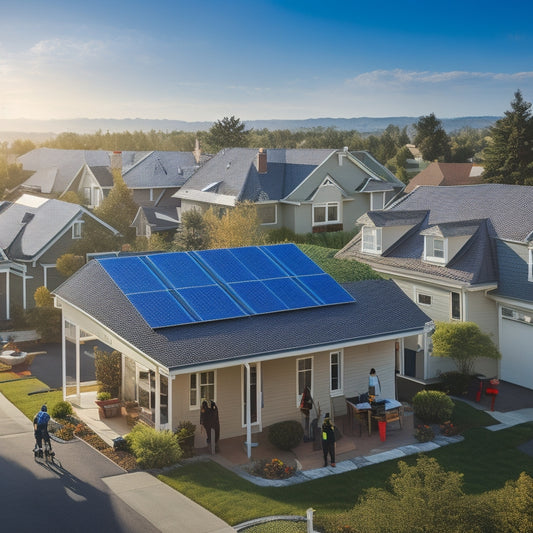 A sunny suburban neighborhood with various houses featuring sleek, black solar panels installed on rooftops, with a few workers in yellow vests and helmets busy at work on ladders.