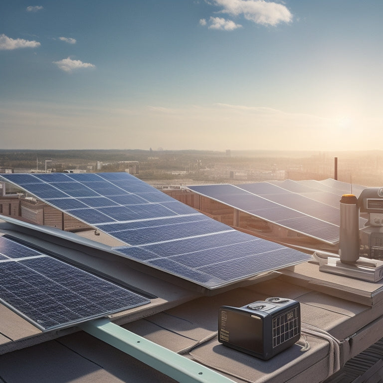 An illustration of a rooftop with solar panels, a calculator, and a blueprint in the foreground, surrounded by measuring tapes, a ladder, and a subtle cityscape in the background.