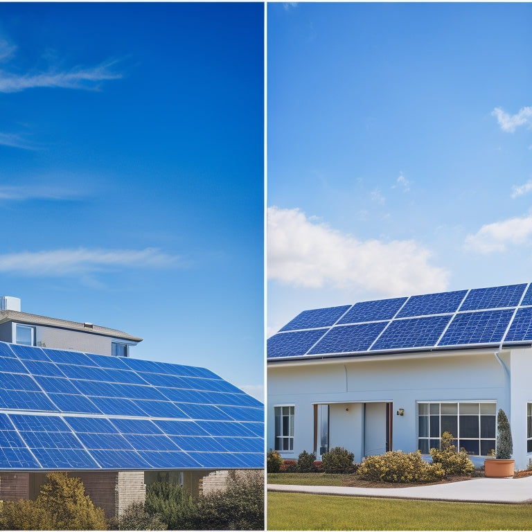 An image depicting a split-screen comparison of a commercial building with a rooftop solar array and a residential home with solar panels, both set against a bright blue sky with fluffy white clouds.