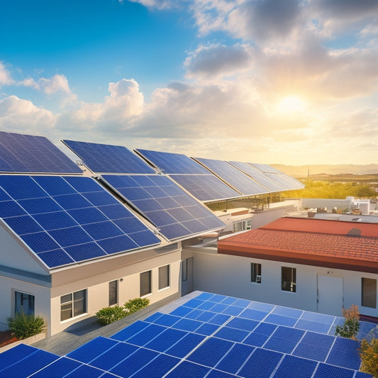 An illustration of a residential rooftop with multiple solar panel arrays, each with distinct design, size, and mounting styles, set against a bright blue sky with fluffy white clouds.