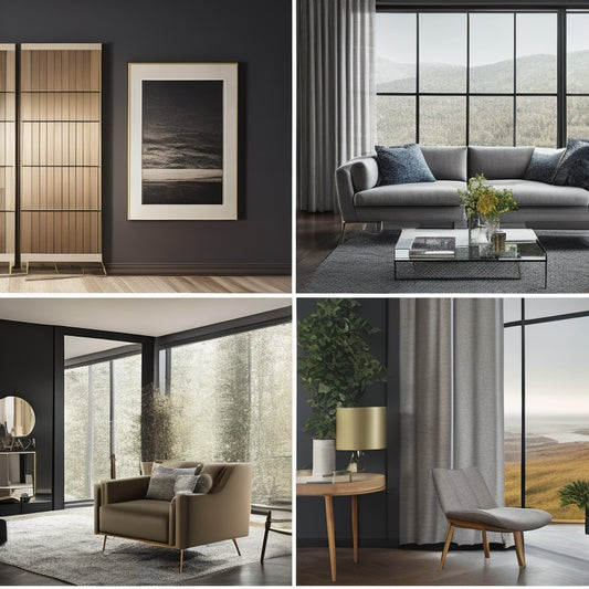 Create an image of a modern living room showcasing various home panel options, including sleek glass panels, wooden partitions, and innovative room dividers, with price tags subtly attached to each panel.