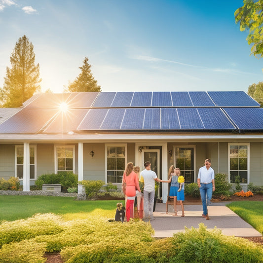 A sunlit suburban home with solar panels gleaming on the roof, surrounded by lush greenery. A family joyfully inspects their solar setup, while a nearby sign indicates a grant program. Bright blue sky overhead.