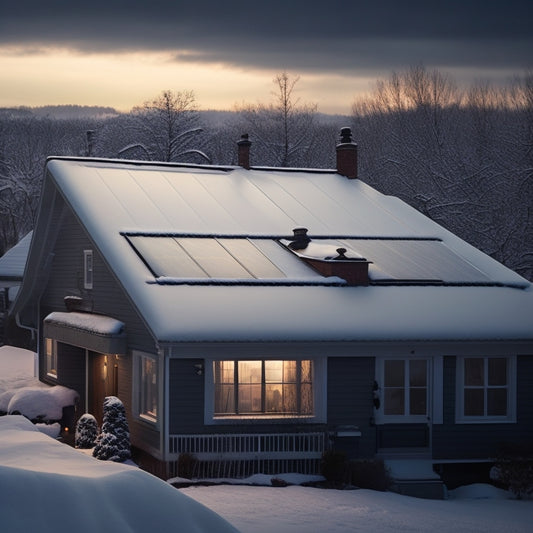 A dimly lit residential roof with solar panels partially covered in snow, surrounded by rusty gutters, and worn-out shingles, with a faint crack on one panel and a loose bolt on another.