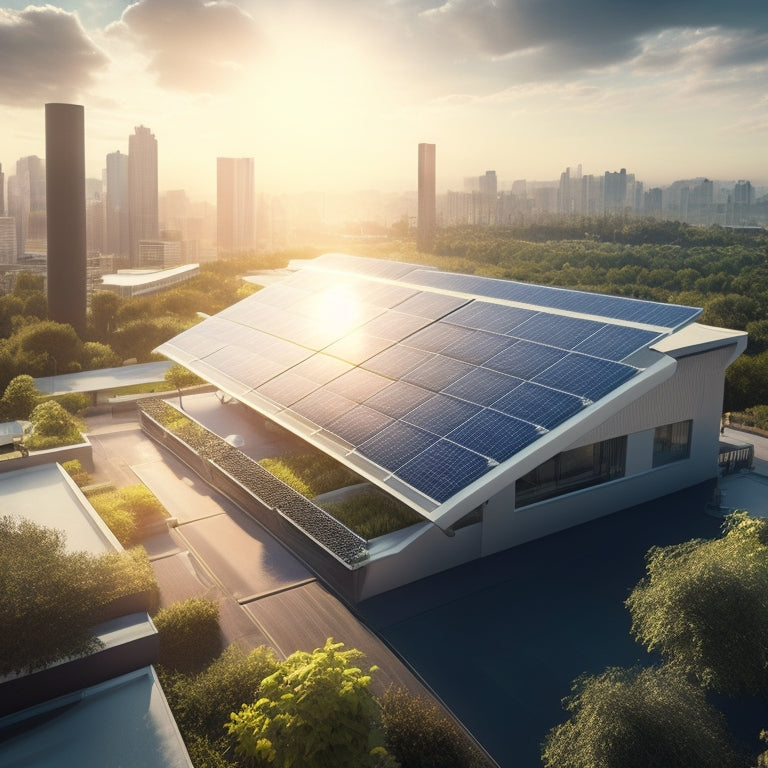 A futuristic rooftop with sleek, high-efficiency solar panels in various sizes and angles, surrounded by cityscape and lush greenery, with sunlight rays and subtle shadows.