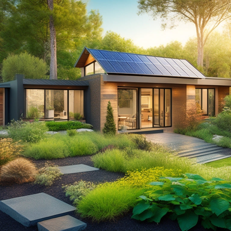 Create an image of a modern eco-friendly home with solar panels, green walls, large windows, and a rooftop garden, surrounded by lush landscaping, rainwater collection systems, and natural materials like wood and stone.