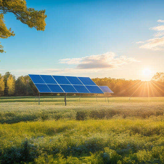 A serene landscape with a modern, sleek solar panel array in the foreground, surrounded by lush greenery and a bright blue sky with a few wispy clouds, conveying eco-friendliness and sustainability.