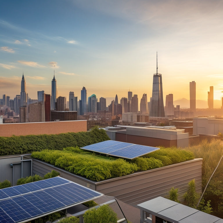 A modern urban rooftop adorned with sleek solar panels, surrounded by greenery, showcasing sunlight reflecting off the panels, with a city skyline in the background, embodying sustainability and innovation in residential energy solutions.
