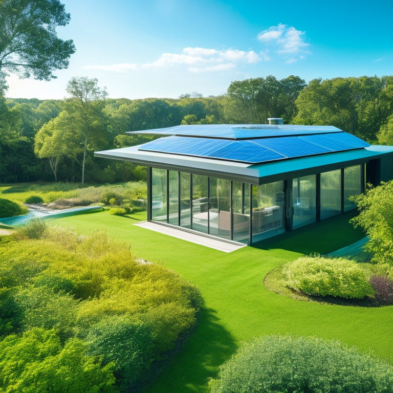 A sleek, contemporary home with large glass windows, a green roof, and solar panels integrated into the roof design, surrounded by lush gardens and an eco-friendly landscape, under a bright blue sky.