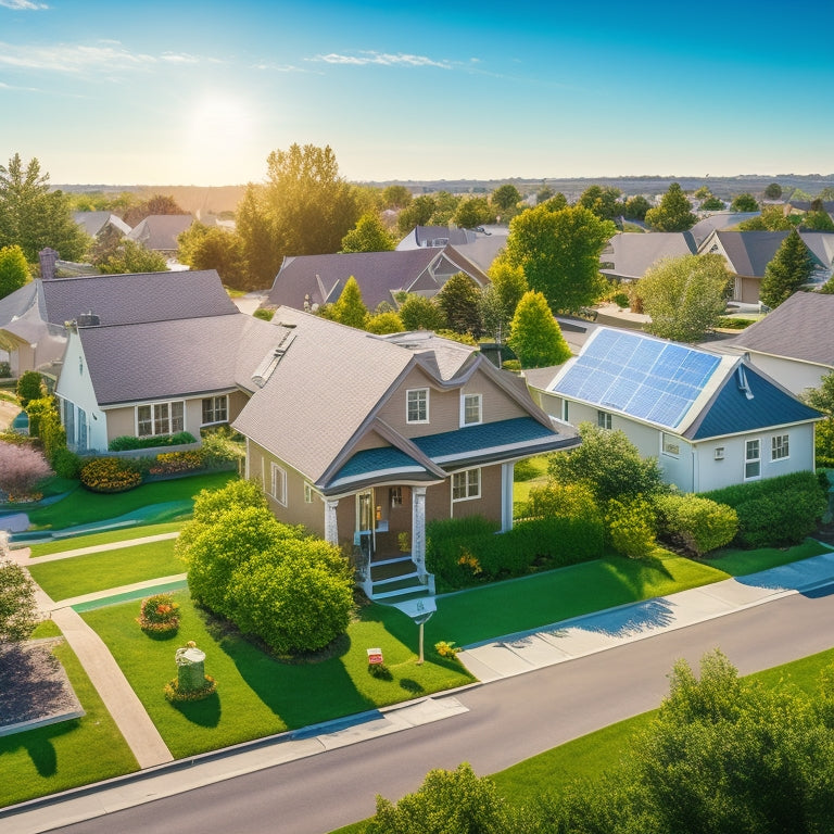 A serene suburban neighborhood with various residential rooftops, each featuring a different solar panel design, shape, and size, amidst a bright blue sky with fluffy white clouds.