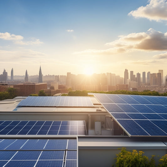 A sunny rooftop with multiple solar panels of varying sizes and designs, alongside a subtle cityscape background with a few fluffy white clouds.