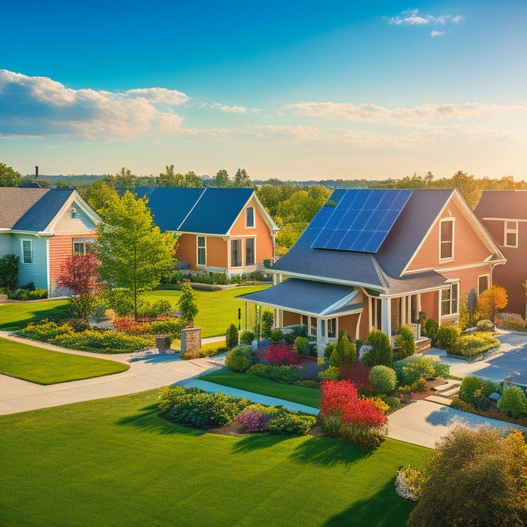 A sun-drenched suburban neighborhood featuring rooftops adorned with sleek solar panels, vibrant gardens, and families enjoying outdoor activities, with a backdrop of clear blue skies and a distant wind turbine on the horizon.