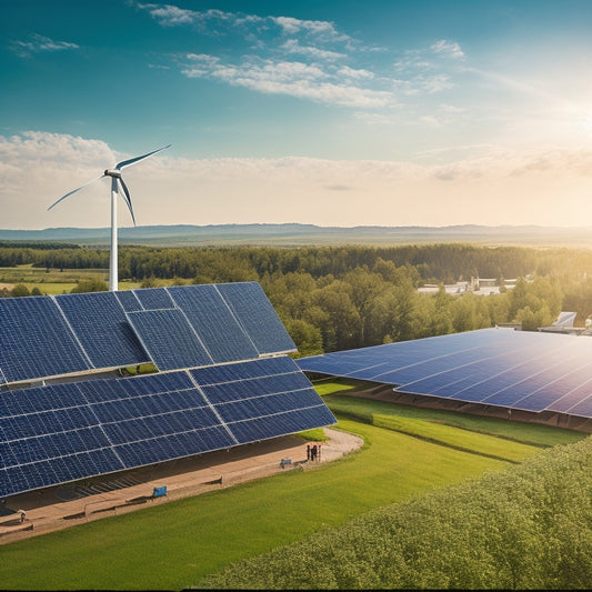 A vibrant landscape showcasing solar panels on rooftops, surrounded by lush greenery, wind turbines in the distance, and people of diverse backgrounds engaging in eco-friendly practices, all under a clear blue sky.