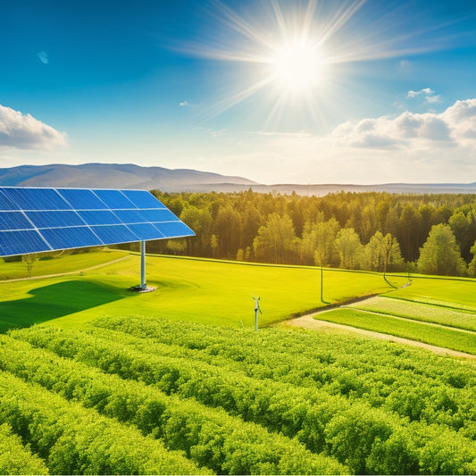 A vibrant landscape showcasing solar panels glistening under the sun, surrounded by lush greenery, with wind turbines in the distance, symbolizing sustainability and a cleaner environment. Blue skies overhead with fluffy clouds.