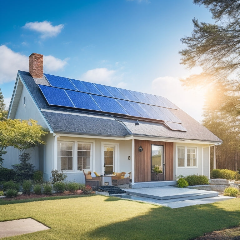 A serene suburban home with a sloping roof, covered in a mix of rectangular and triangular solar panels of varying sizes, set against a bright blue sky with a few wispy clouds.