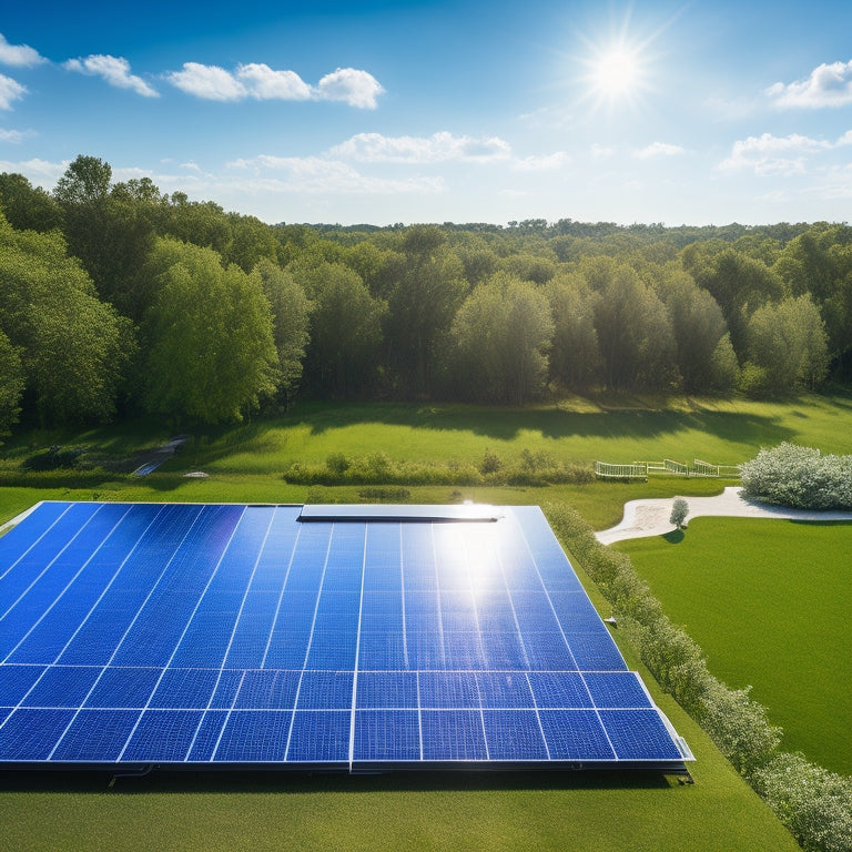 A serene landscape with a bright blue sky, fluffy white clouds, and a row of sleek solar panels installed on a modern rooftop, surrounded by lush green trees and a sparkling blue pool.