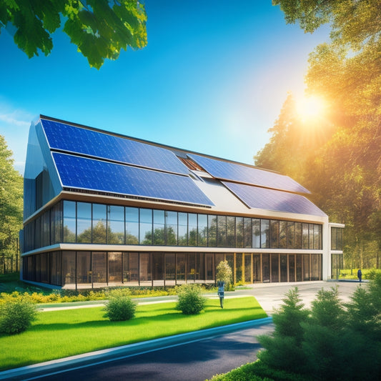 A sleek modern office building with solar panels on the roof, surrounded by lush greenery. A calculator, charts, and dollar signs subtly integrated into the scene, symbolizing financial analysis and ROI. Bright, sunny sky overhead.