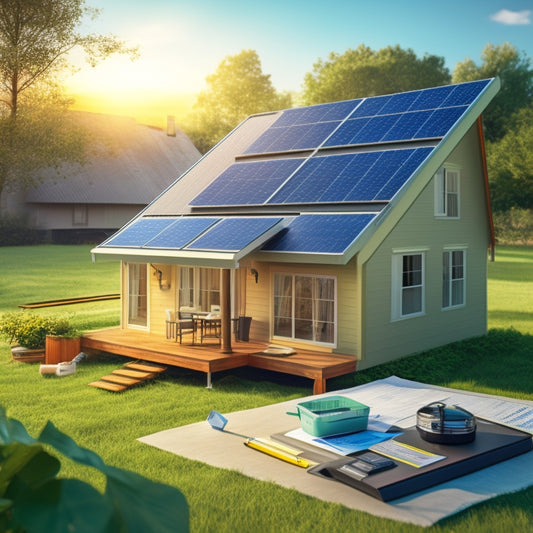 An illustration of a house with a partially shaded roof, solar panels installed on one side, and a small table or clipboard in the foreground with a pencil and a calculator surrounded by scattered papers and a tape measure.